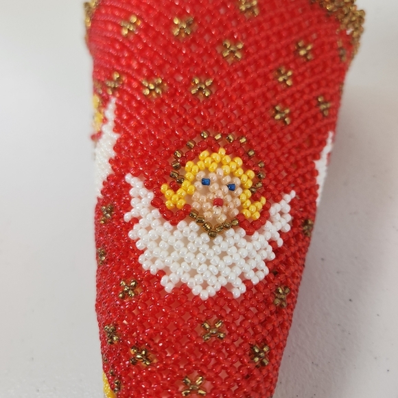 Vintage Red Gold Angels Beaded Christmas Cone Tree Ornament Handmade Stocking - Picture 4 of 10